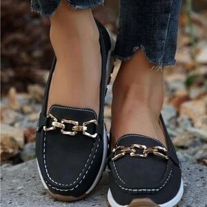 Elegant Black Loafers with Gold Chain Detail NWT